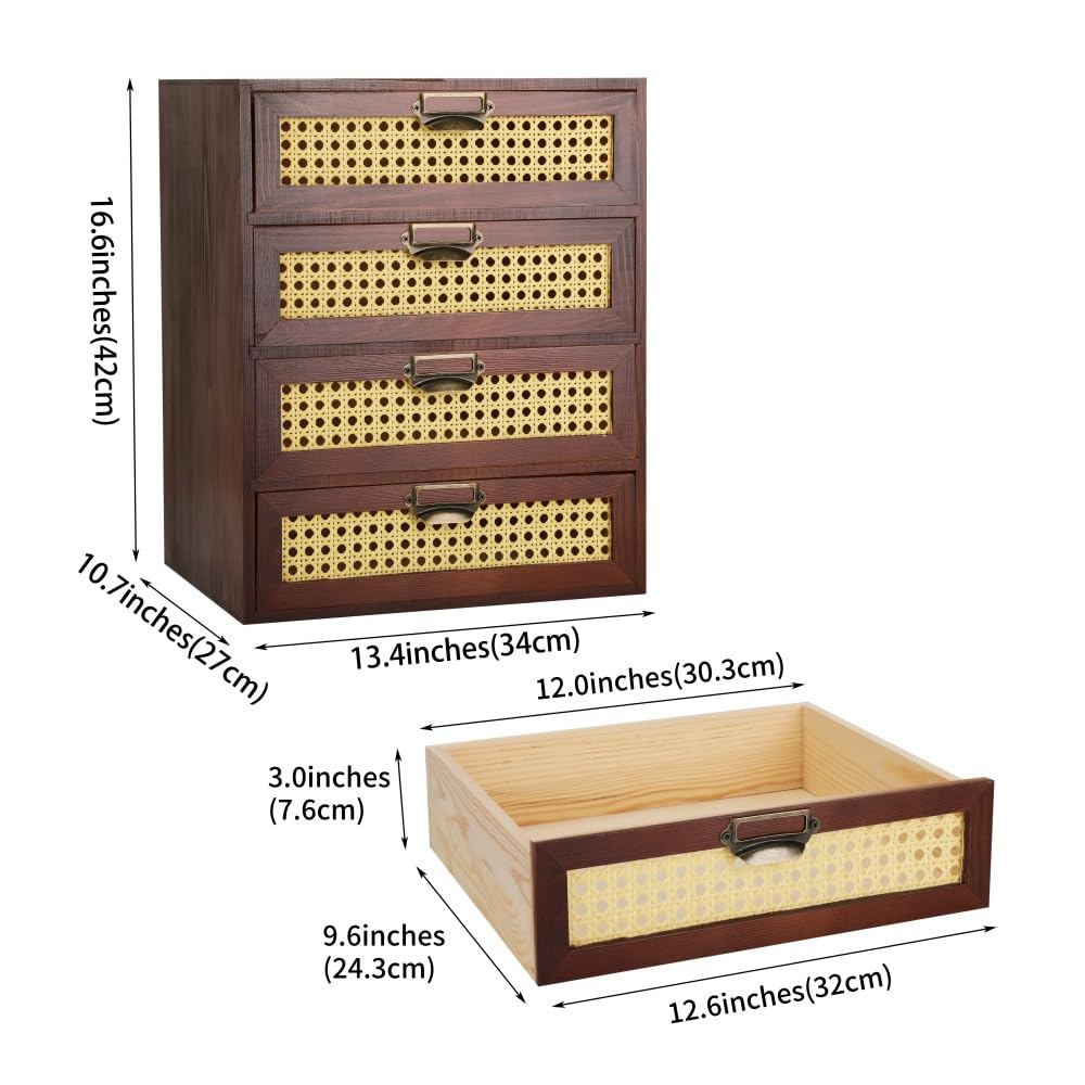 GoooodGift Large Wooden Storage Box with Drawers (Boho Apothecary Cabinet, Rattan Frame, Brown)