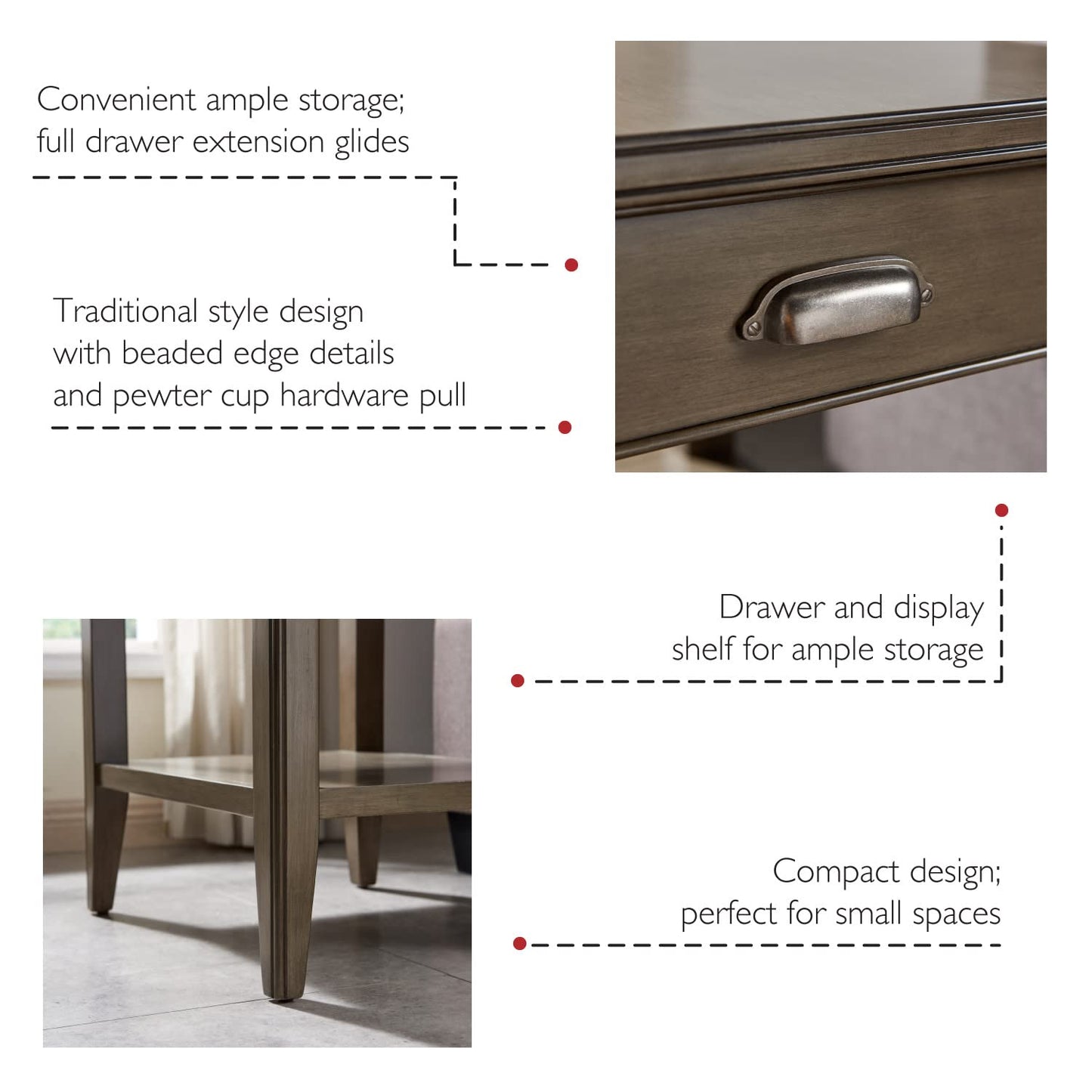 Leick Home Laurent End Table, Solid Wood, with Shelf and Drawer, Smoke Gray, 10507-GR