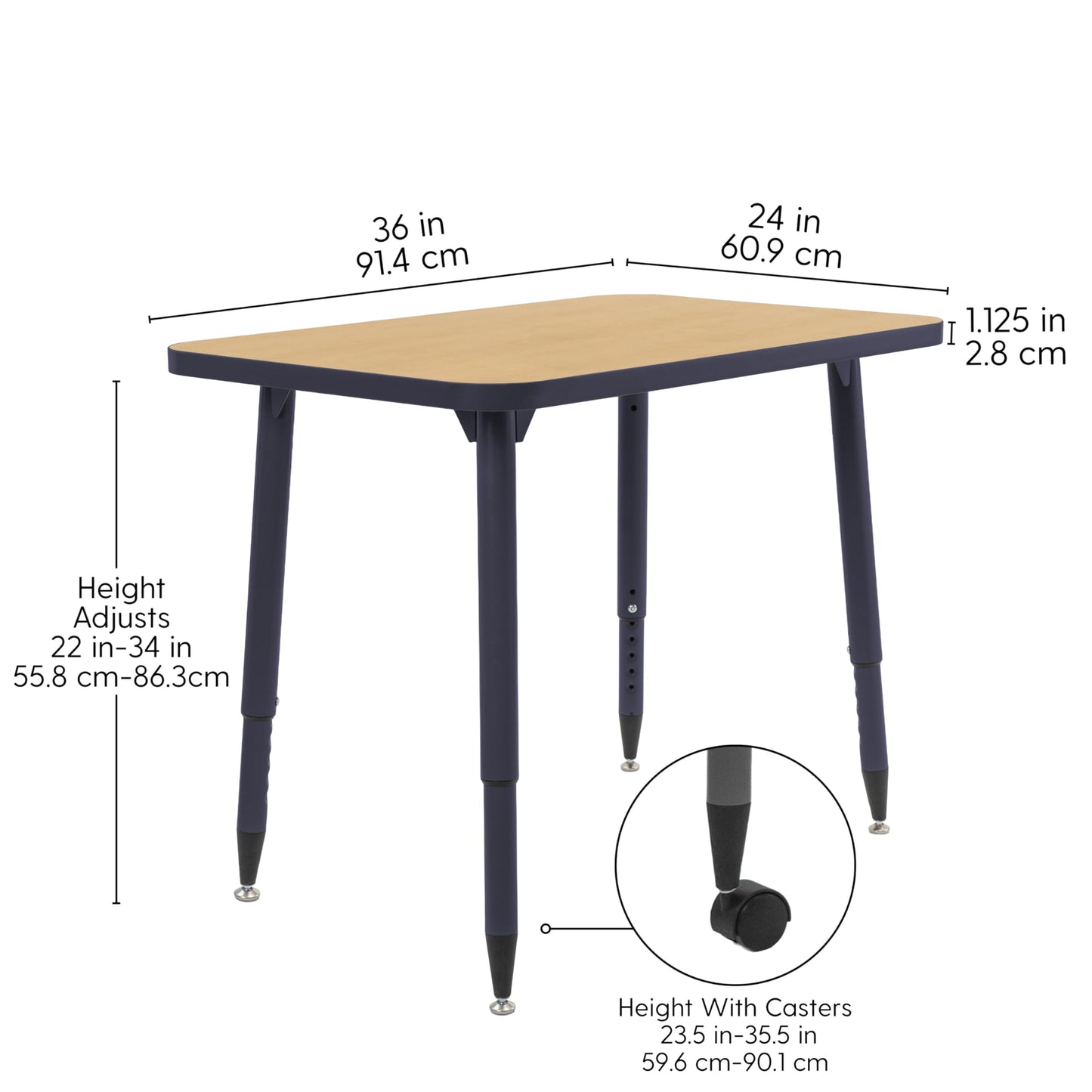Adapte Commercial Classroom Activity Table - 24" x 36" Rectangle, ADA Compliant Tapered Legs with Glides & Casters, Adjustable Height 22-34" Wheelchair Accessible, School & Office Furniture