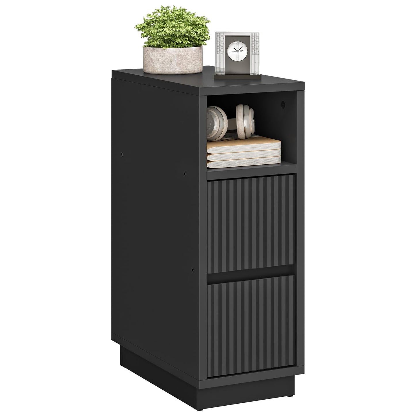 CHOEZON 8.7" Narrow Fluted Nightstand, Small Bedside Table with Drawers, Skinny Side Table, Modern Nightstand with 1 Semi-Open Shelf, Floating End Table, for Living Room, Bedroom, Black MBZ12BB
