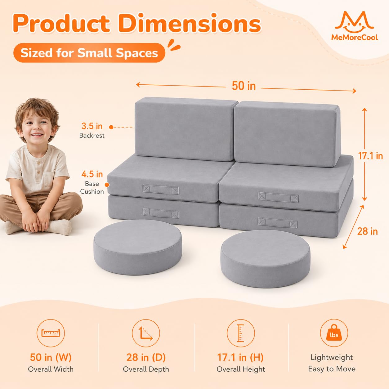 MeMoreCool Kids Couch, Light Grey Modular Foam Play Couch, Ages 3+