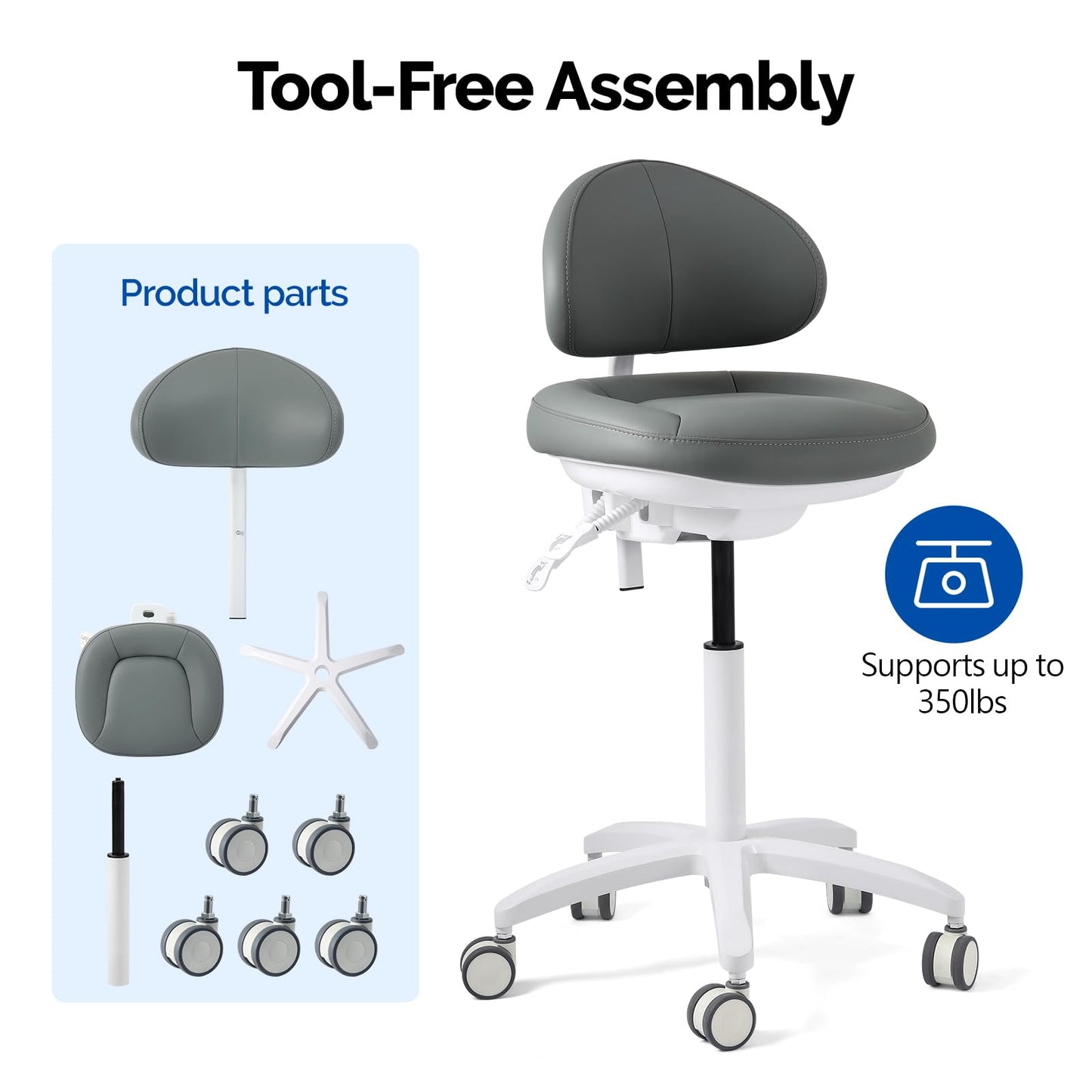 JMU Dental Stool, Adjustable Height Rolling Stool with Backrest, 350lbs Load Capacity Microfiber Leather, for Medical Clinic Lab Tattoo Salon, Grey
