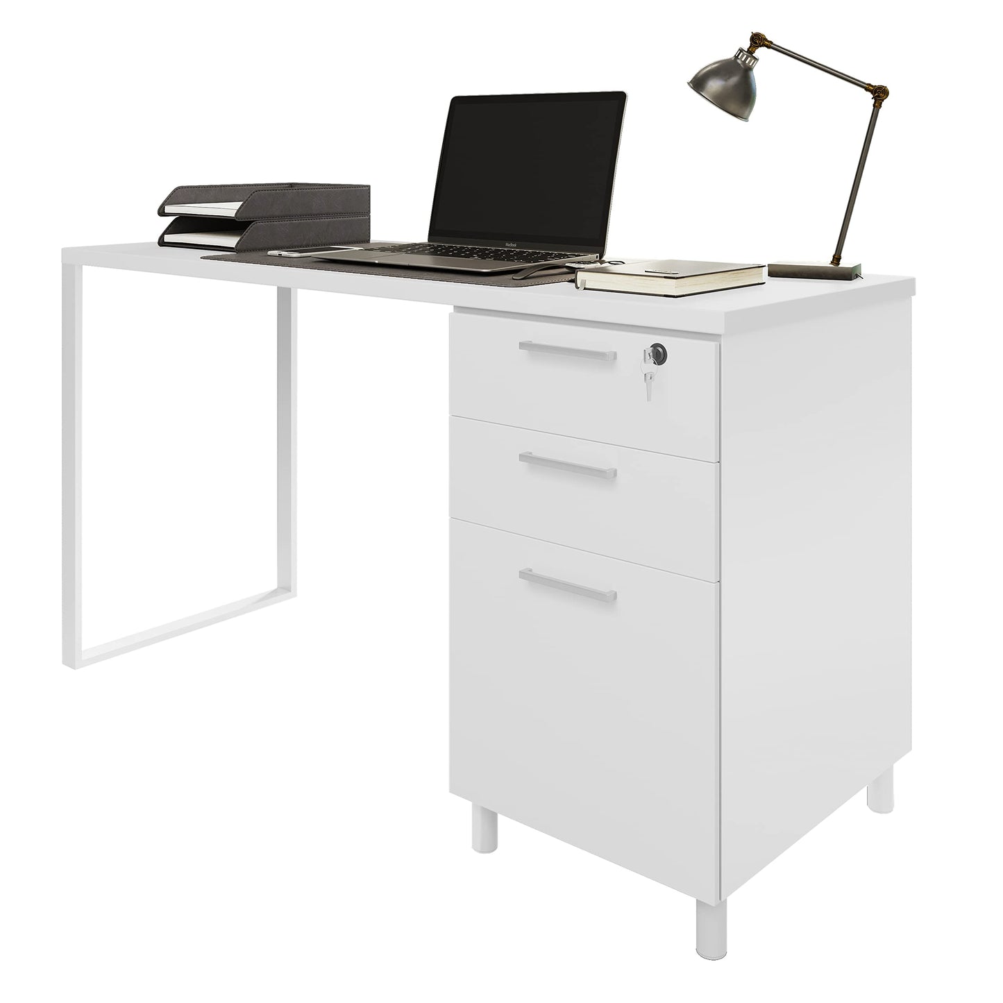 Modern Design Milano Office Desk with 3 Locking Drawers, 48 Inch White Industrial Wood Desk with Filing Drawer and Storage, by Crafts and Comfort