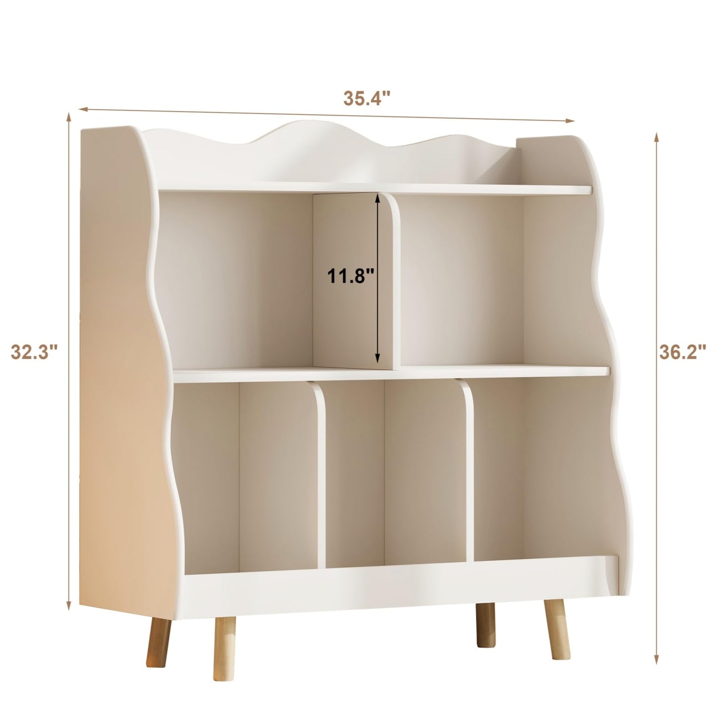 Treocho Kids Bookshelf and Toy Storage Orangizer, 3-Tier Wooden Children's Bookcase with Curve Design, 5 Cubbies Toy Storage Cabinet Display with Legs for Children's Room, Playroom, School, White