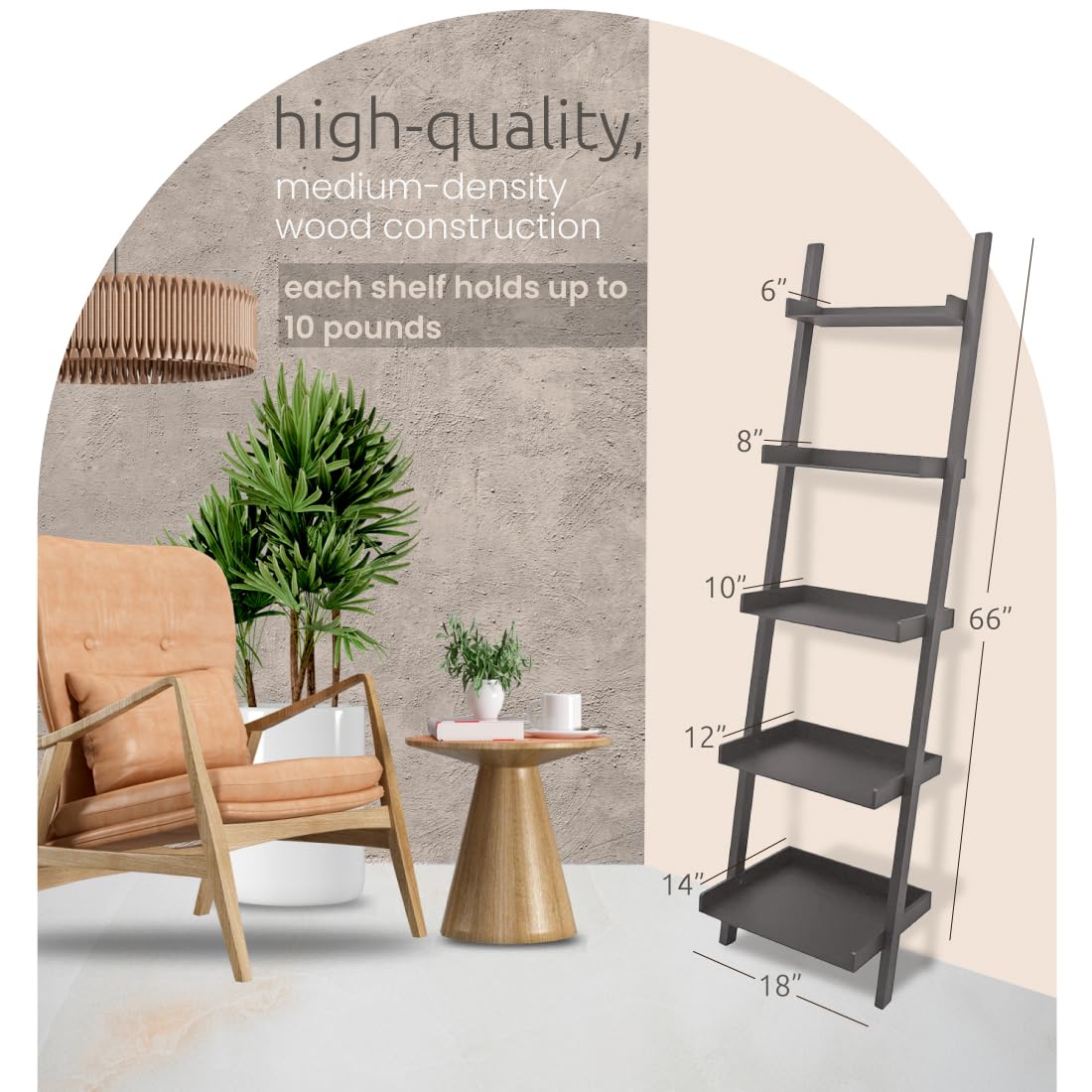 Kiera Grace Providence Hadfield 5 Tier Ladder Shelf, Leaning Bookshelf Storage Rack for Home, Office, 18" x 67", Medium Grey