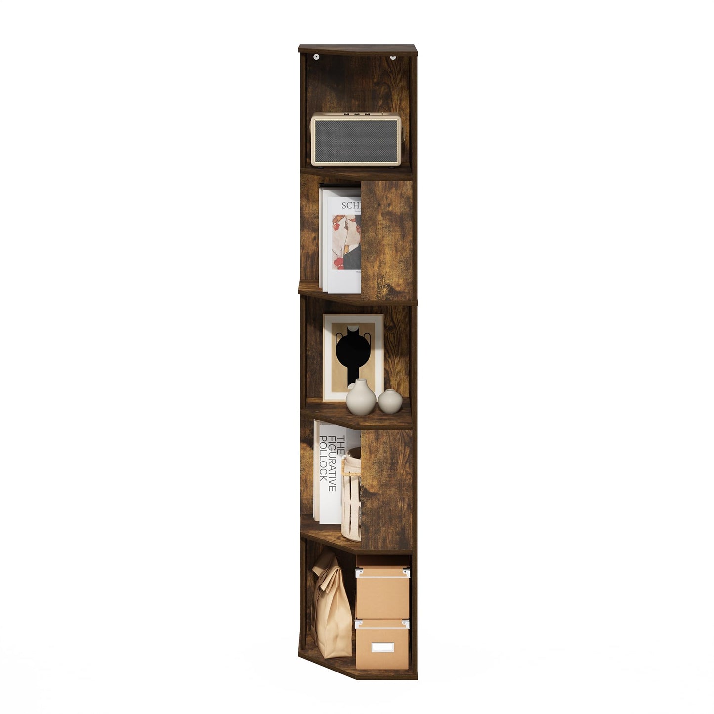 Furinno ECON Corner Shelf, 5-Tier Corner Book Shelf, Standing Storage Shelves, Cube Display Rack, Bookshelf, for Organization and Storage, Living Room, Home Office, Amber Pine