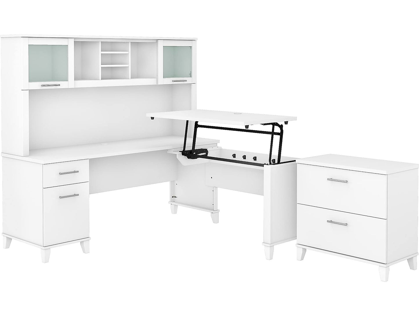Bush Home Somerset 72W 3 Position Sit to Stand L Shaped Desk with Hutch and File Cabinet in White