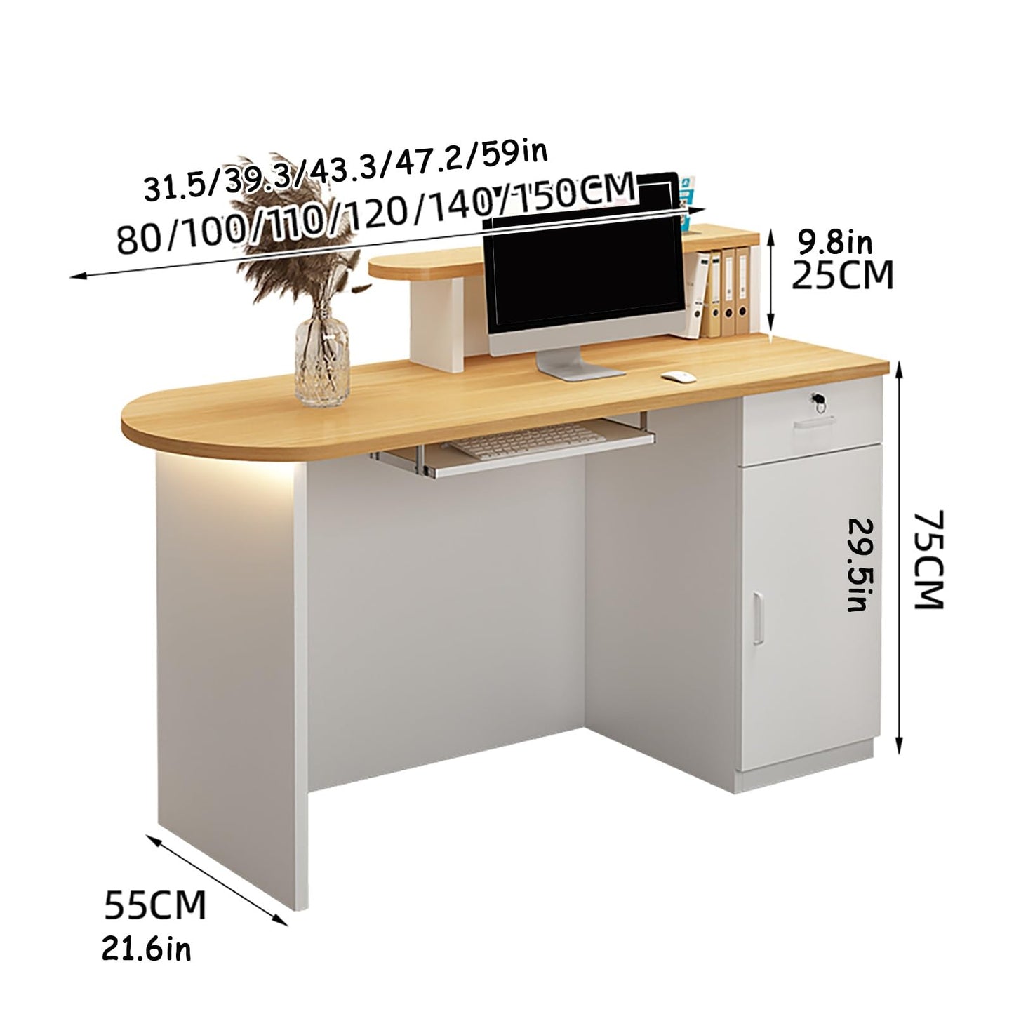 Modern LED Reception Desk with Keyboard Tray & Drawer - White Retail Checkout Counter Table (100x55x100cm) for Office, Salon, or Hotel
