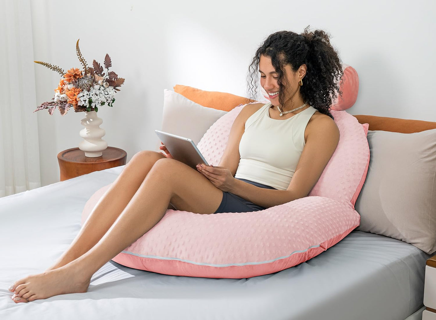 INSEN Reading Pillow, Back Pillow for Sitting in Bed for Reading, Nurse & Relax, Reading Pillow for Adults, Moms & Kids, Sit Up Pillow for Bed, Double-Sided Pink