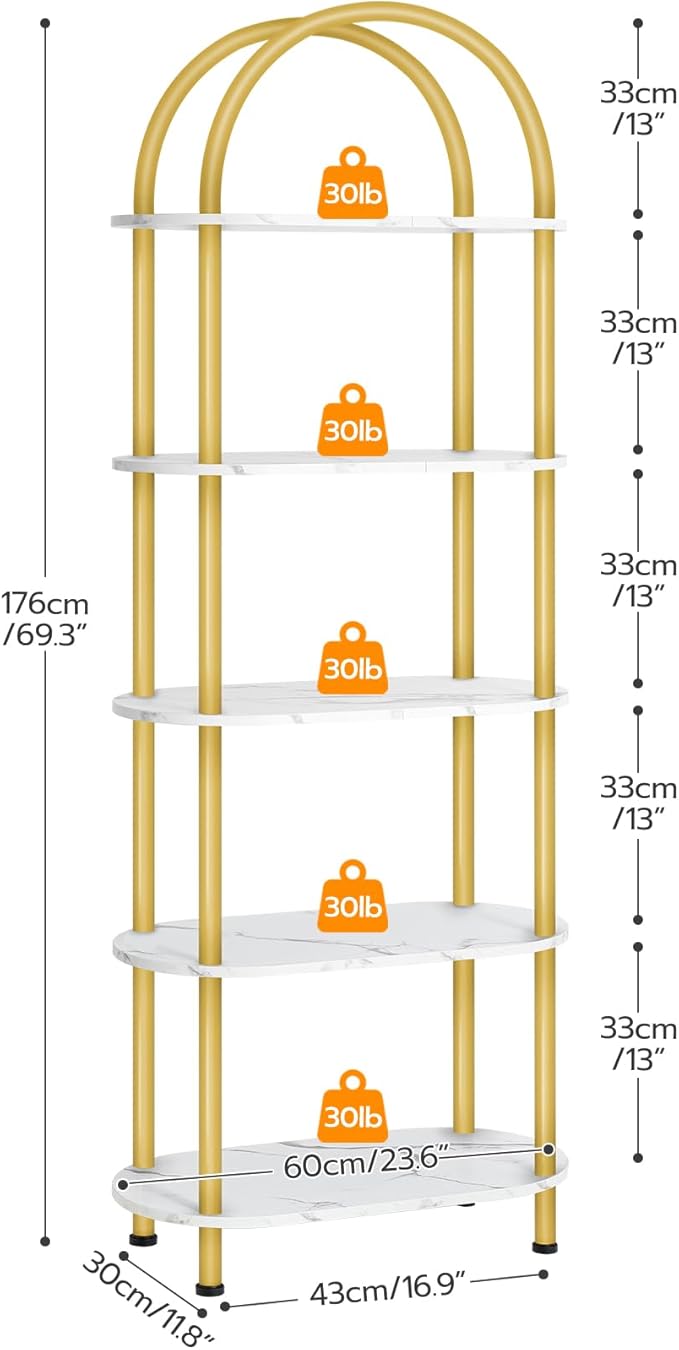 HOOBRO 5 Tier Open Bookshelf, Industrial Arched Bookcase Display Shelf Rack