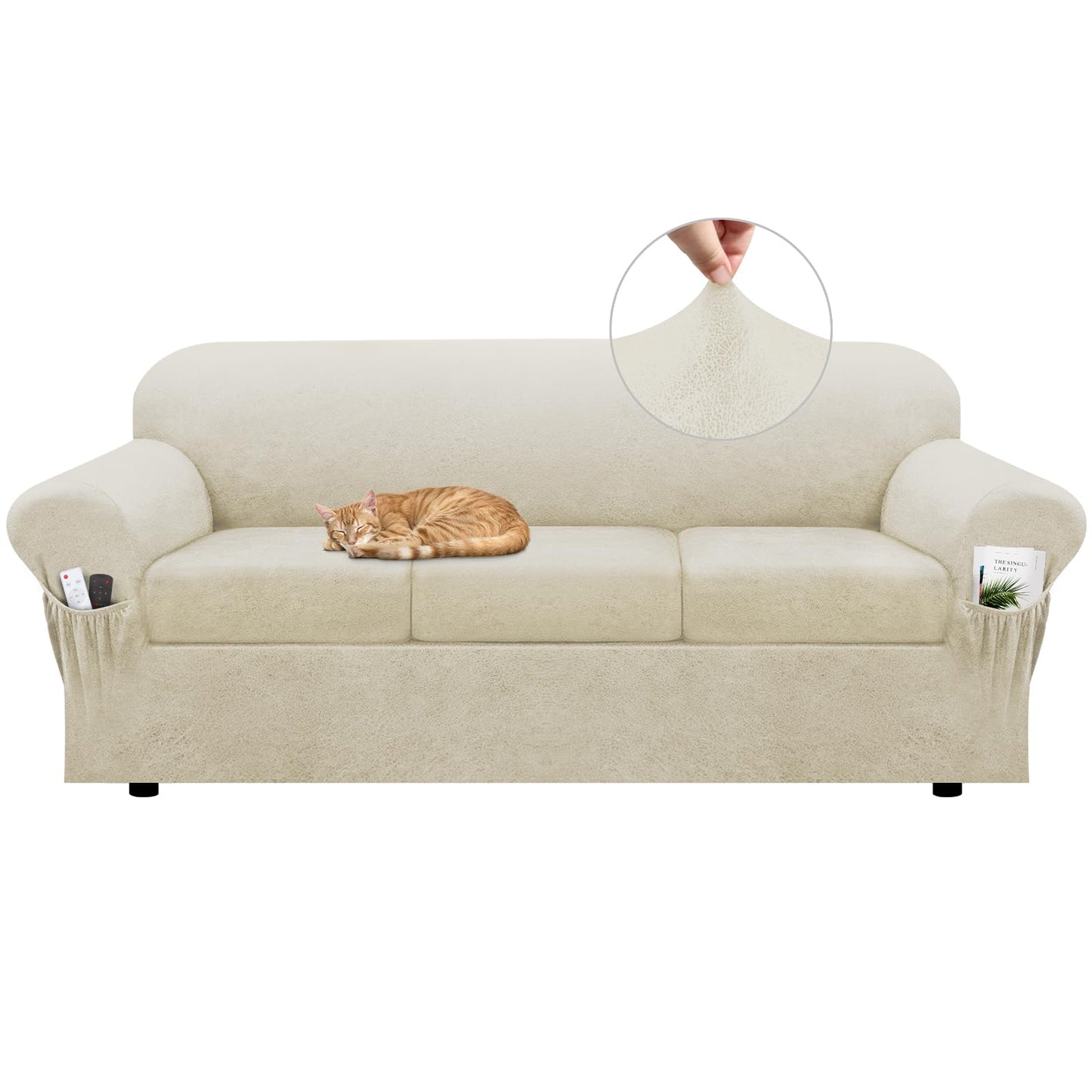 Pfrstuv Sofa Slipcover with Armrest Pockets 4-Piece Set, Stretch Faux Leather Couch Cover for 3-Cushion Couches(Fits 72-92") - Non-Slip, Machine Washable, Pet & Kid Friendly - Beige