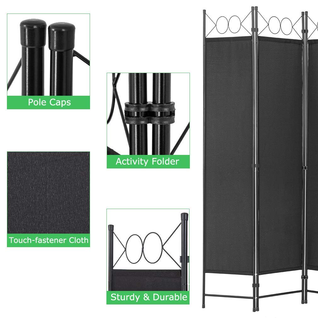 PayLessHere 4 Panel Room Divider 6FT Steel Frame Screen Folding Privacy Divider Freestanding Partition for Home Office Bedroom (Black)