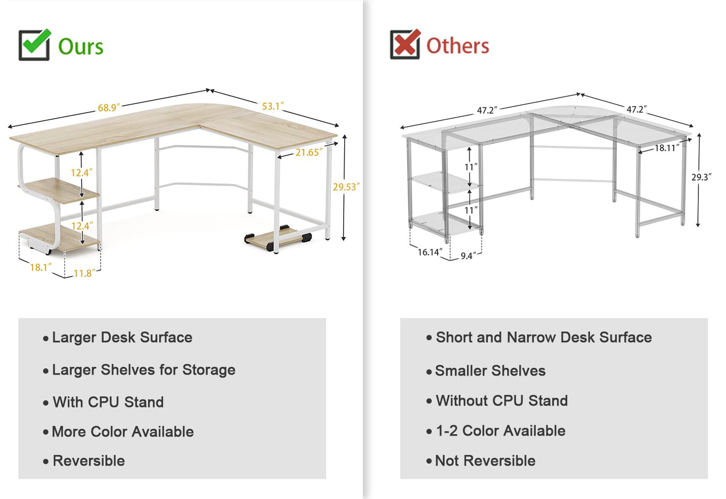 Teraves Reversible L Shaped Desk with Large Surface, 69 Inch Sturdy Corner Desk with Storage Shelves, Premium Office Computer Desk Workstation for Home Office Gaming