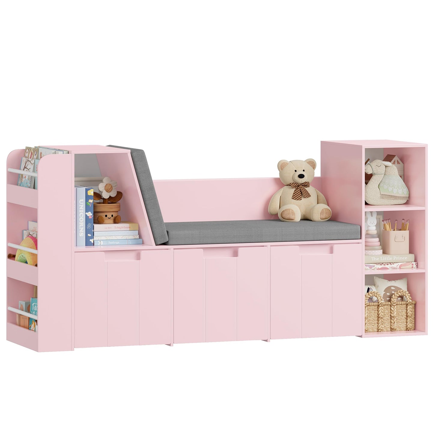 BOTLOG 61.5" Kids Reading Nook with 3-Layer Bookshelf, Reading Nook for Kids with Double Bench and Rolling Drawers, Bookshelf and Toy Storage for Nursery, Playroom, Pink
