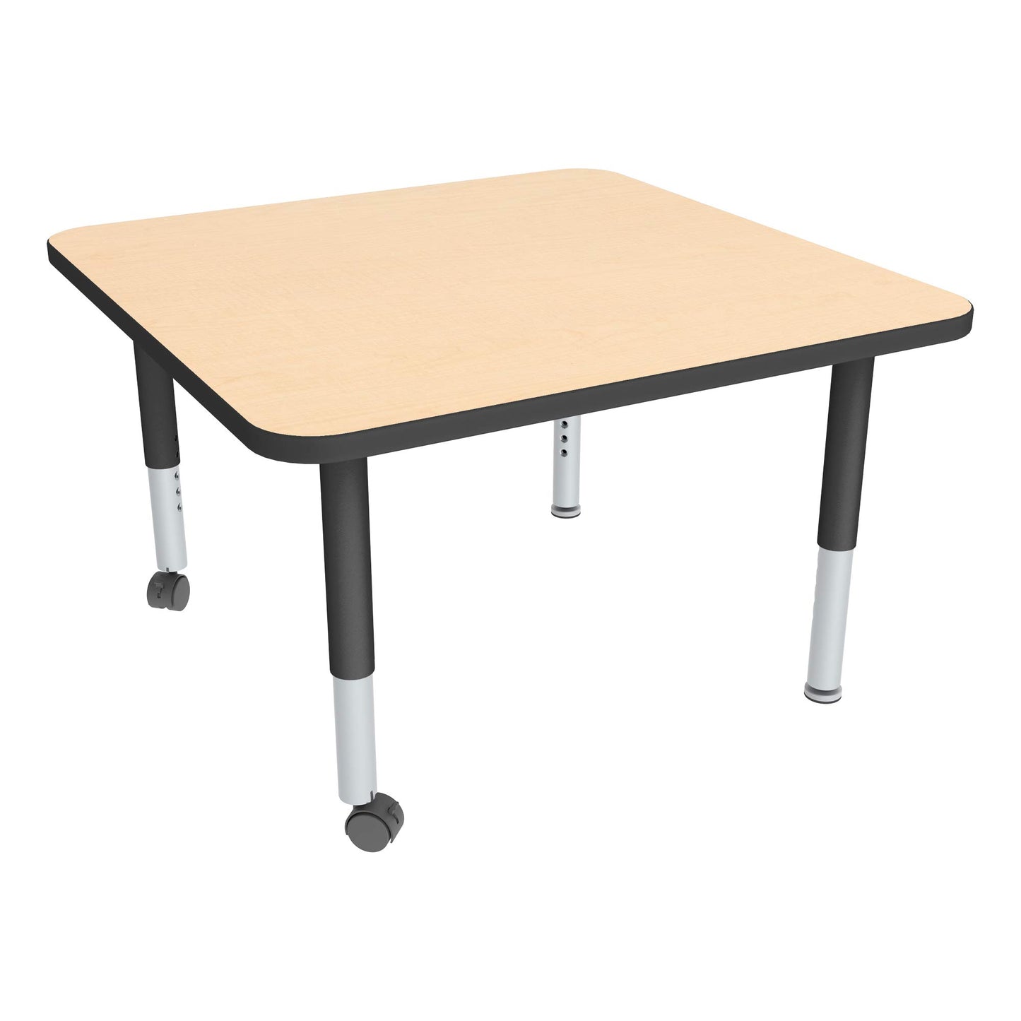 Sprogs Adjustable Height Mobile Classroom Activity Table for Preschools, Square Preschool Activity Table with Casters, 48"D x 48"W x 23"H, Maple/Black