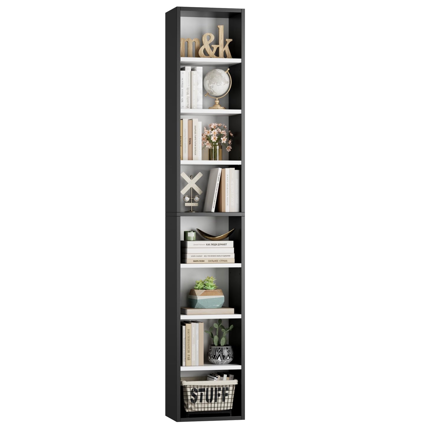 FOTOSOK 8-Tier Media Tower Rack, 11.6 X 9.3 X 71 Inches CD DVD Slim Storage Cabinet with Adjustable Shelves, Tall Narrow Bookcase Display Bookshelf for Home Office, Black/White