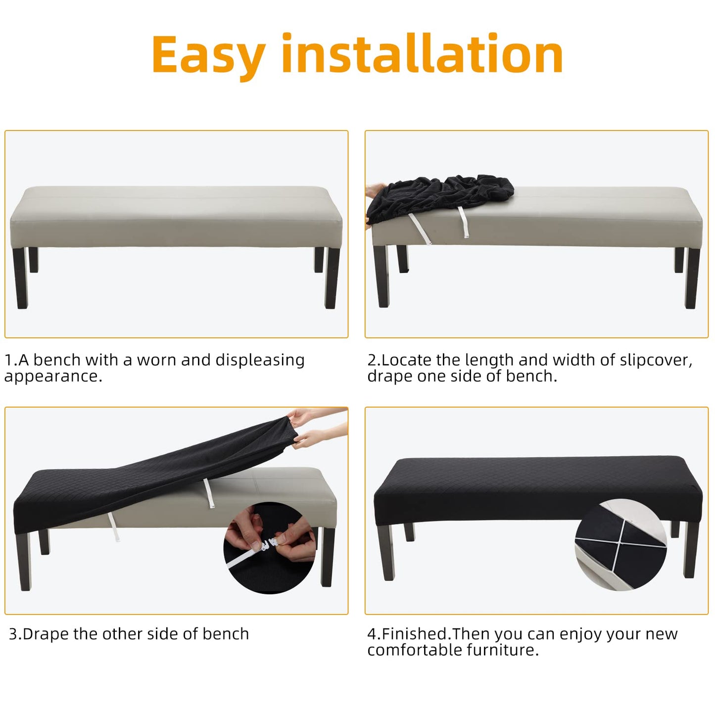 Fuloon Stretch Jacquard Dining Bench Cover - Anti-Dust Removable Bench Slipcover Washable Seat Cushion Protector for Bedroom, Kitchen, Hotel, Banquet (Black)