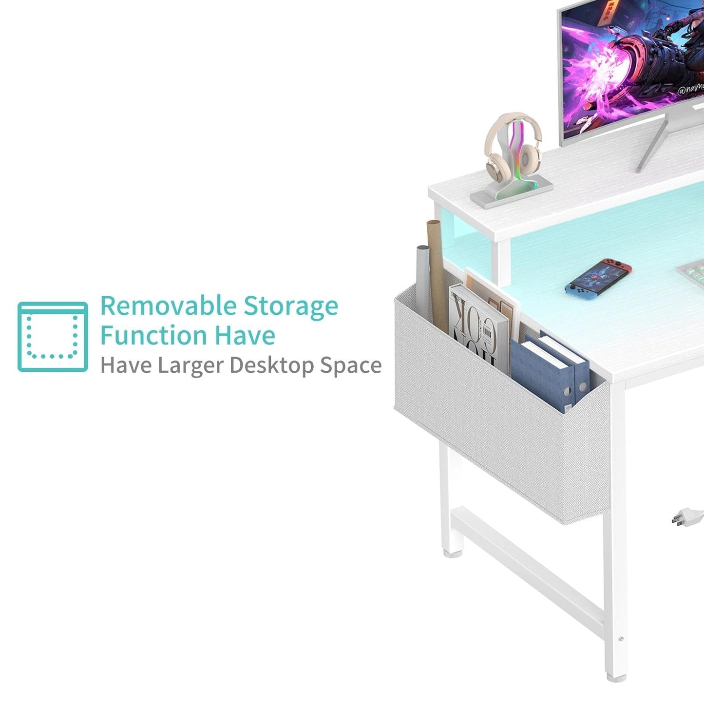 Lufeiya Small White Desk with LED Lights and Power Outlets, 32 Inch Home Office Computer Desks with Monitor Stand, Teen Writing Study Table Gaming Desk with Charging Station, White