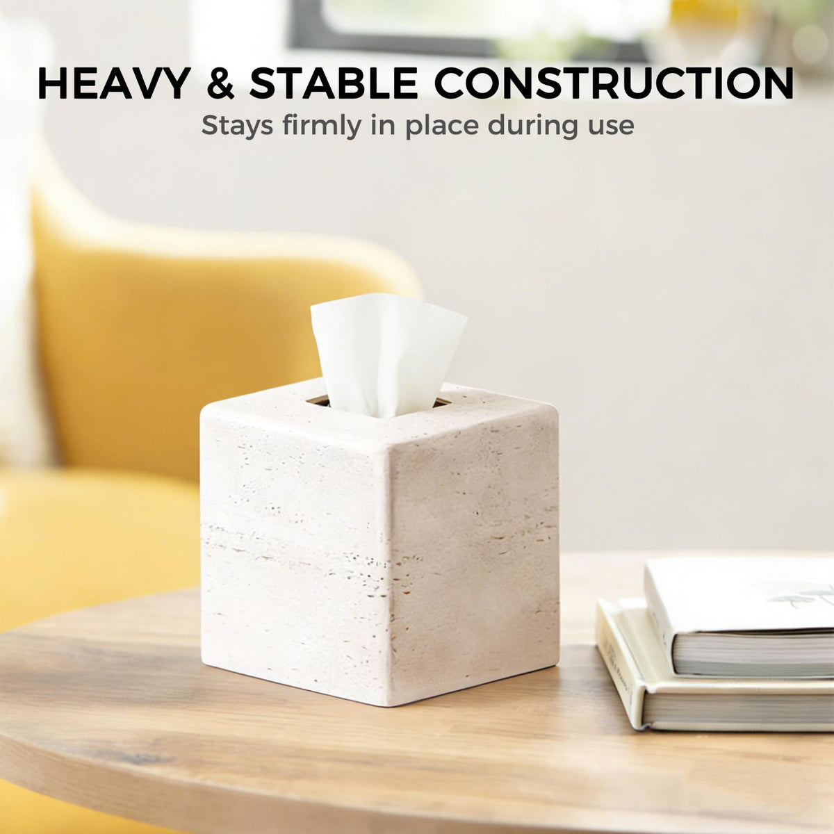 Decorative Square Tissue Box Cover – White Resin Tissue Holder for Bathroom, Bedroom, Countertop, Modern Stone-Look Tissue Box