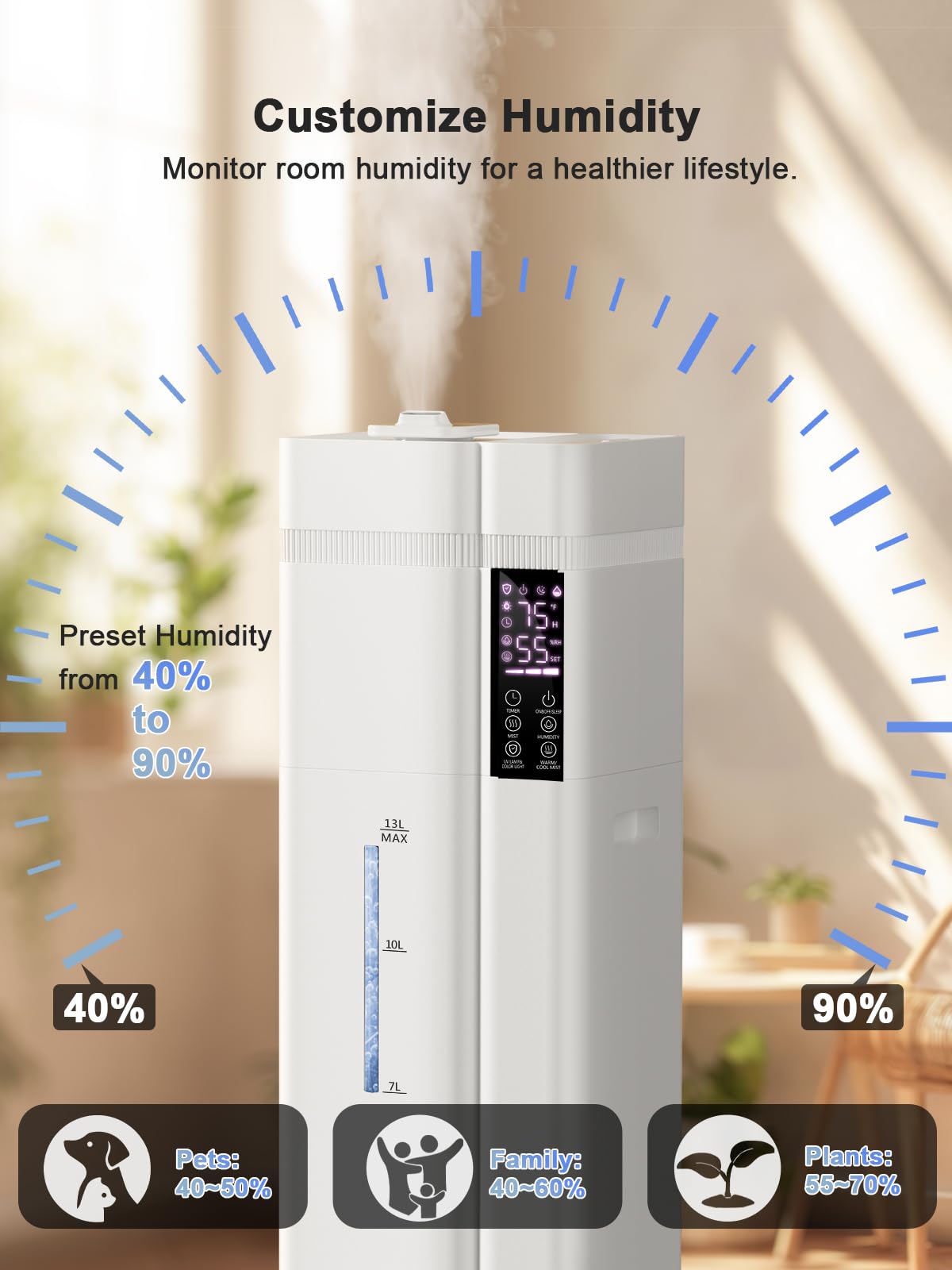 Zeova 13L/3.4Gal Humidifiers for Bedroom, Ultrasonic Warm & Cool Mist Humidifier Large Room, Covers 800ft², 72H Runtime, 24H Timer, 3 Mist Modes Top Fill Quiet Humidifiers for Home, Office, White