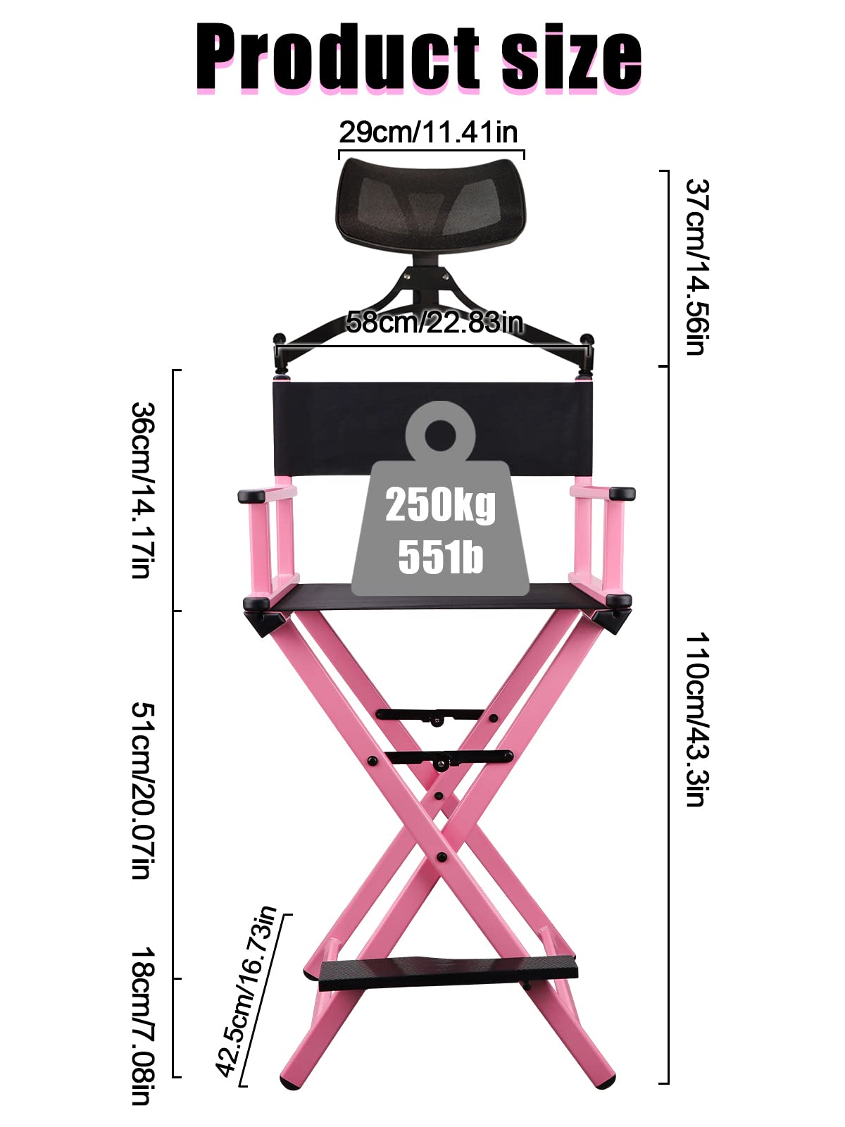 Lorvain Pink Foldable Makeup Artist Stool Chair, Aluminum Makeup Chair with Head Rest for Studio Salon Vanity, Bar Height
