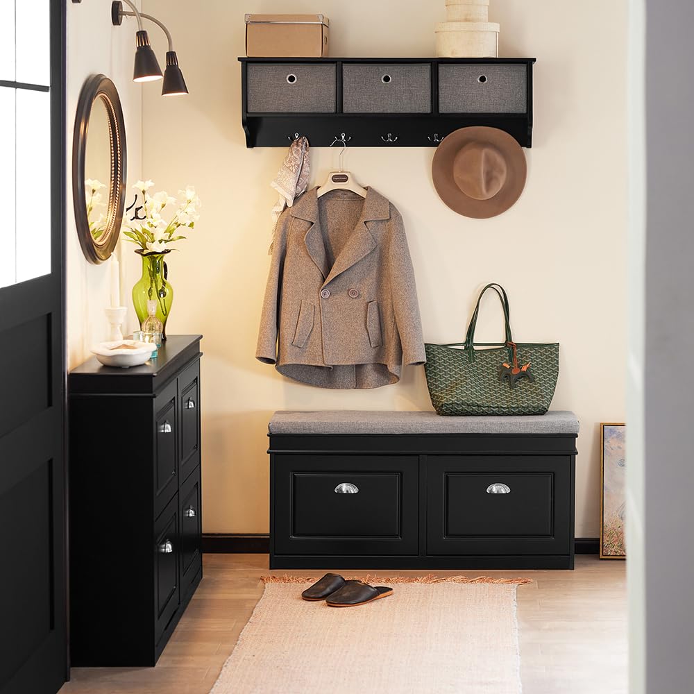 Haotian Black Storage Shoe Bench with 2 Flip Drawers, Hidden Shoe Bench, Free Standing Shoe Rack, Shoe Cabinet, Hallway Storage Bench with Seat Cushion FSR64-SCH