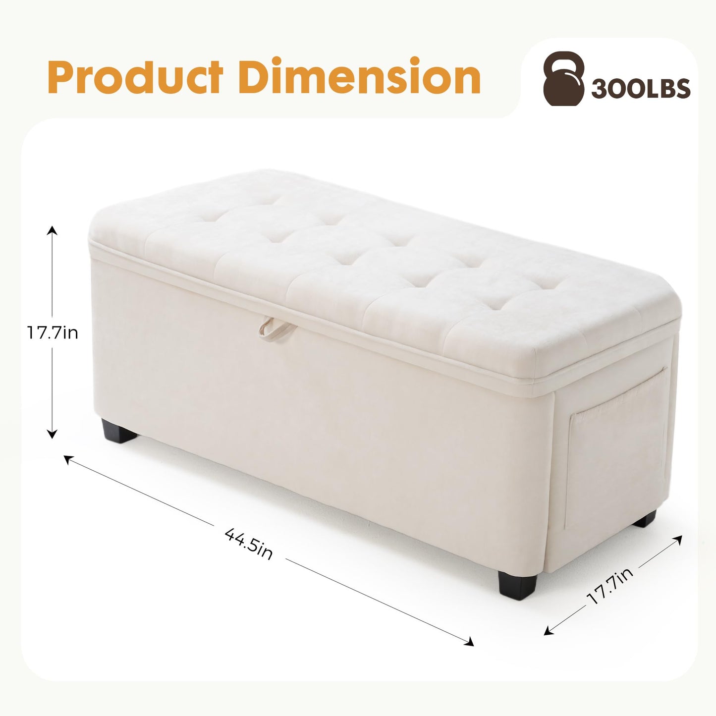 2BYF 45" Storage Ottoman Bench, Tufted Ottoman with Storage for Living Room, Large End of Bed Ottomans, Modern Entryway Benchs, Window & Bedroom Benches for Foot of Bed (Ivory)