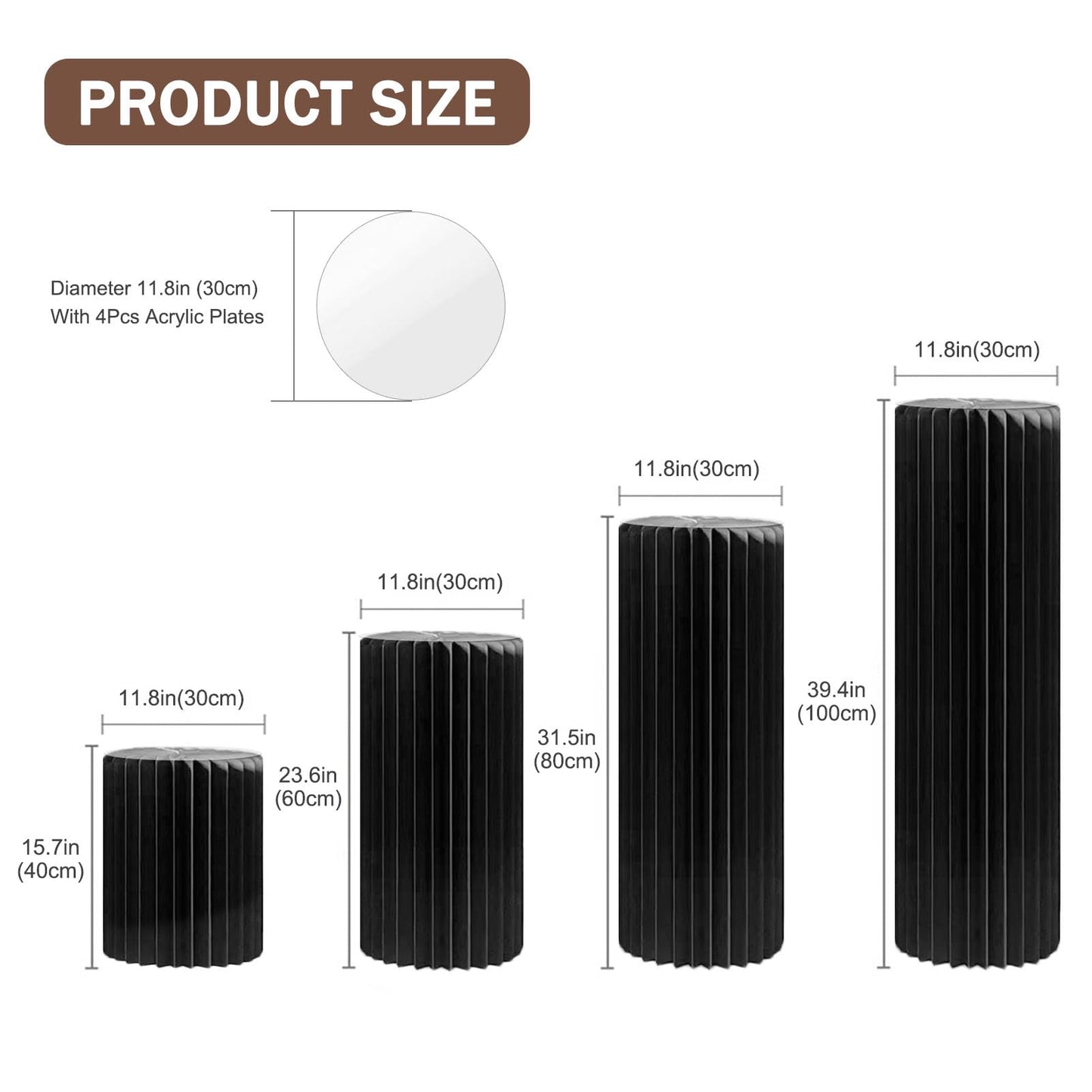 OYKSHDF 4Pack Cylinder Stands for Party, Foldable Cardboard Columns with 4 Clear Round Top Plates, Cake Display Pedestal Stand for Wedding Banquet Vendor Events Decorative (Black)