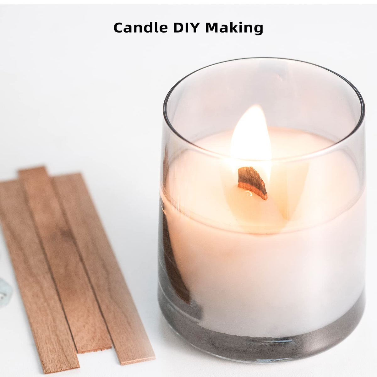 Ziosxin 300 Thicken Smokeless Wooden Candle Wicks - Long Lasting Flame - Easily Burn, 1.2mm Thickness 5.1" X 0.5" Candle Cores with Iron Stand and Glue Dot for DIY Candle Making Craft