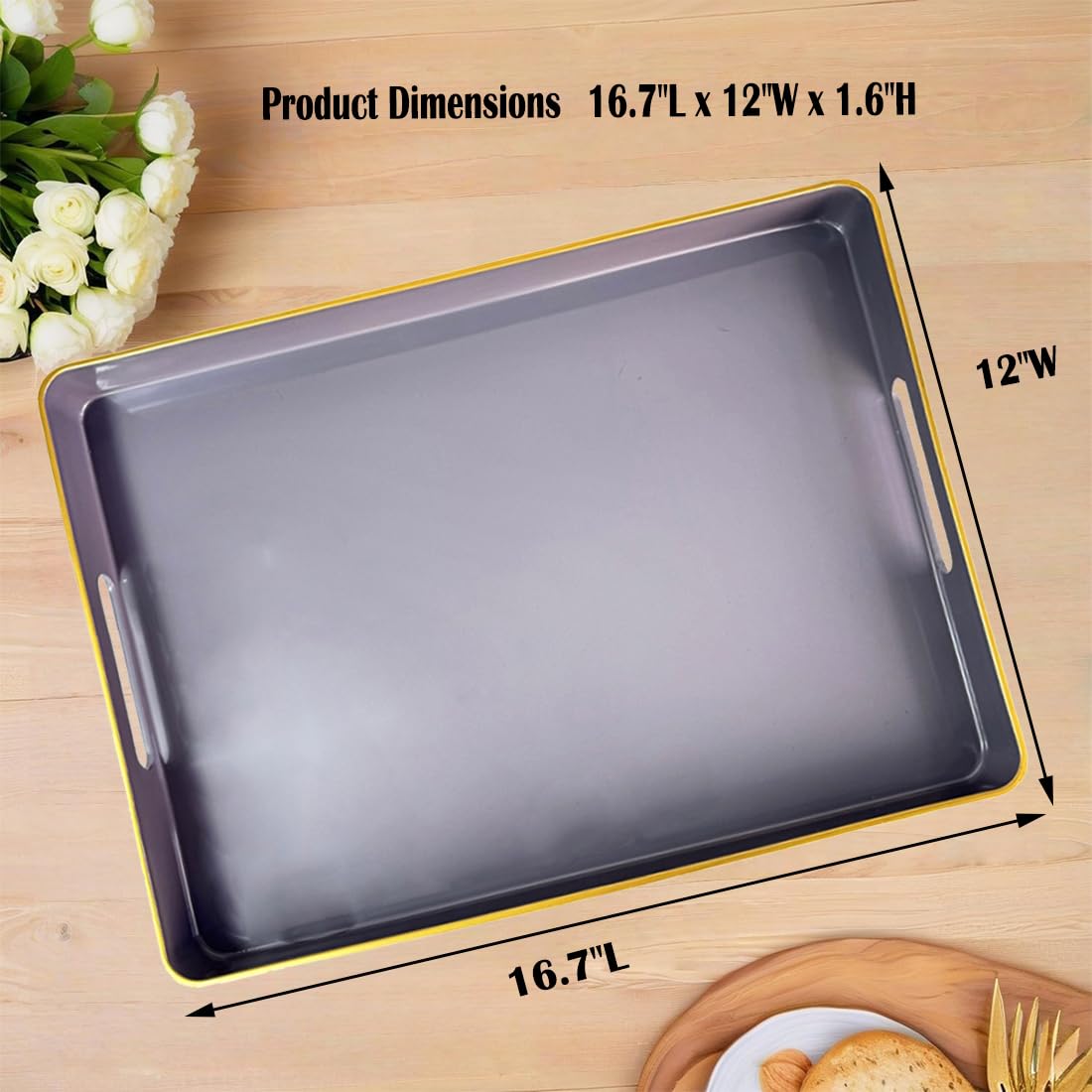 UOEKCS Large Grey Coffee Table Tray, Decorative Serving Tray with Handles, Plastic Rectangular Tray for Ottoman, Bathroom, Living Room. 16.7"*12"*1.6"