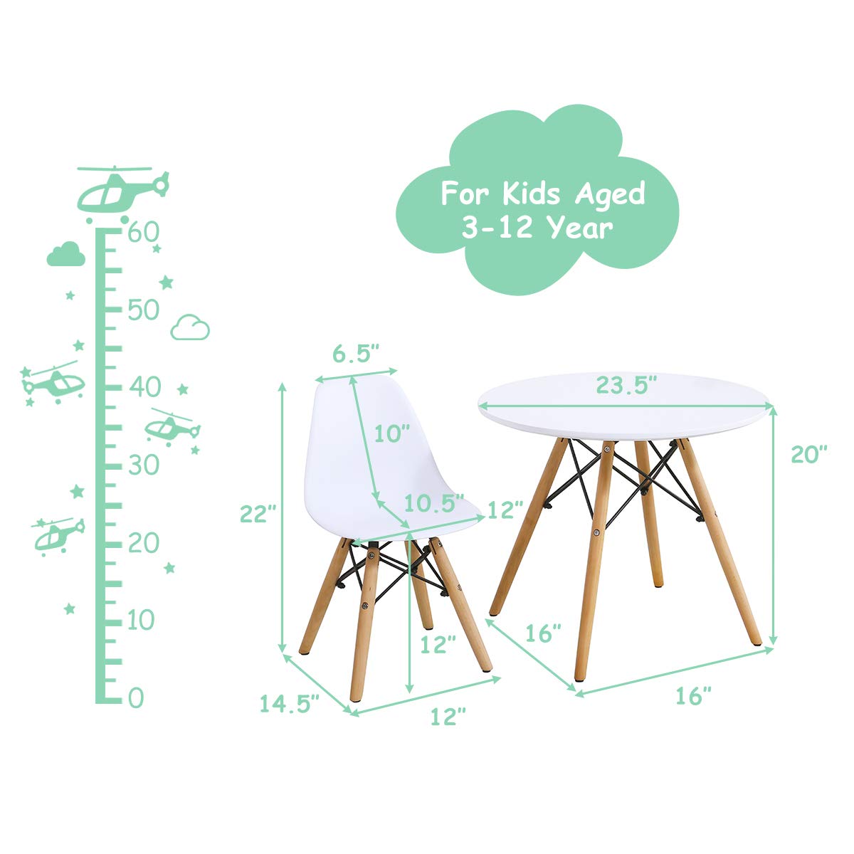 Costzon Kids Table and Chair Set, 5 PCS Mid-Century Modern Style Kids Desk Set w/Wood Legs, Iron Frame for Dining Drawing Playing & Strong Bearing Capacity, Toddler Table and Chairs (White)