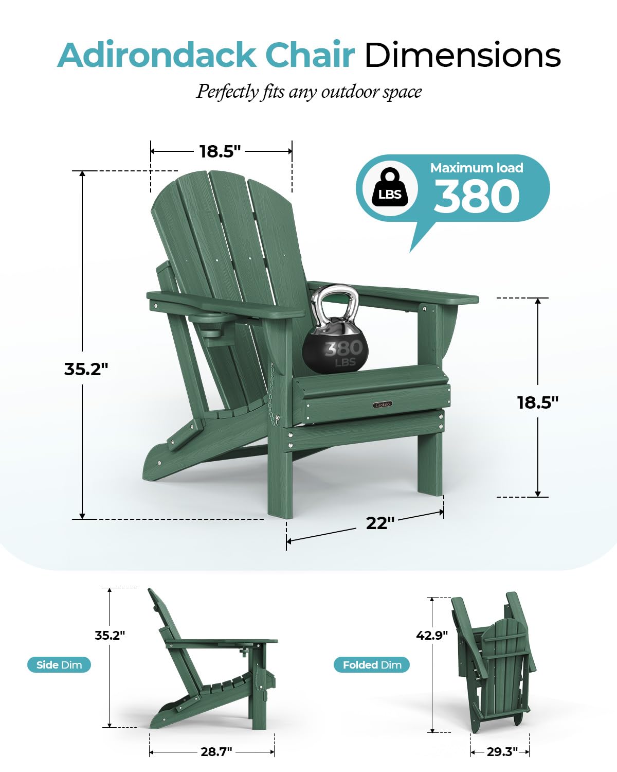 Ciokea Folding Adirondack Chair Wood Texture, Patio Adirondack Chair Weather Resistant, Plastic Fire Pit Chair with Cup Holder, Lawn Chair for Outdoor Porch Garden Backyard Deck (Green)
