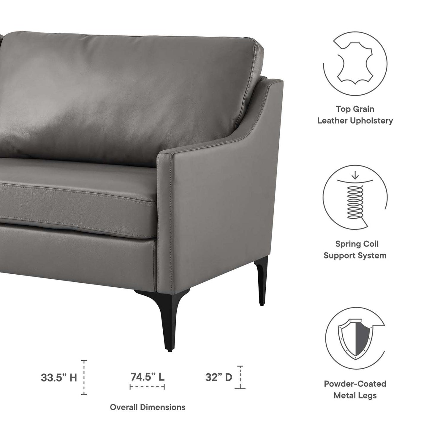 Modway Corland Modern Style Leather and Metal Sofa in Gray Finish