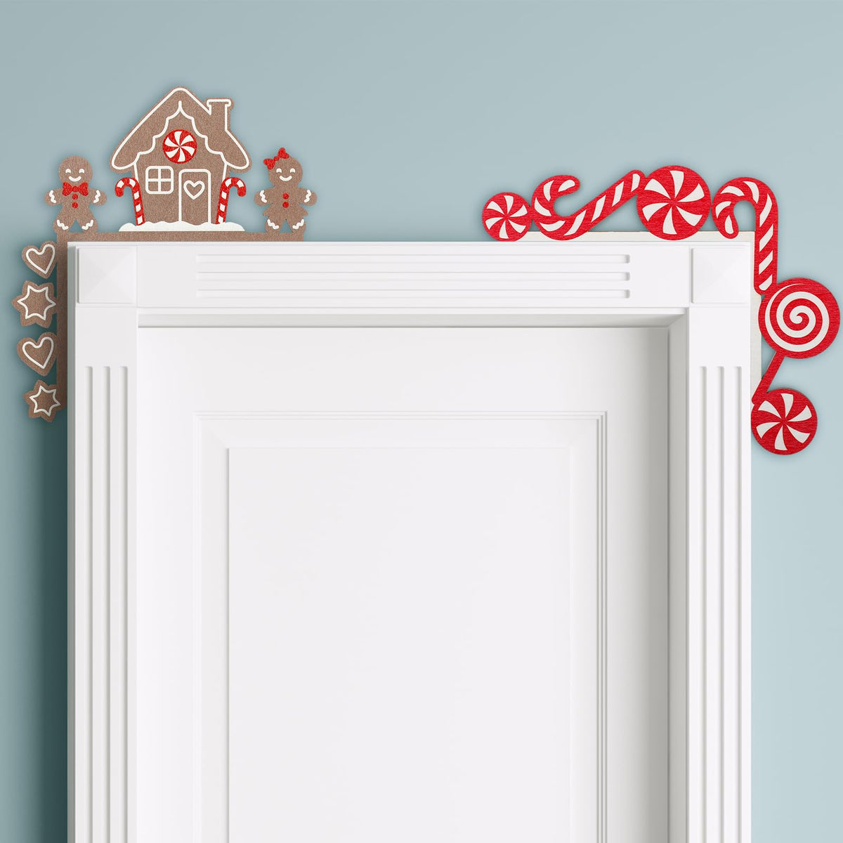 Briwooody 2 Pcs Christmas Door Topper Funny Gingerbread Candy Door Frame Corner Sign Decor Home Wooden Christmas Cabinet Knob Covers Party Ornament Props Gift for Wall Window DIY