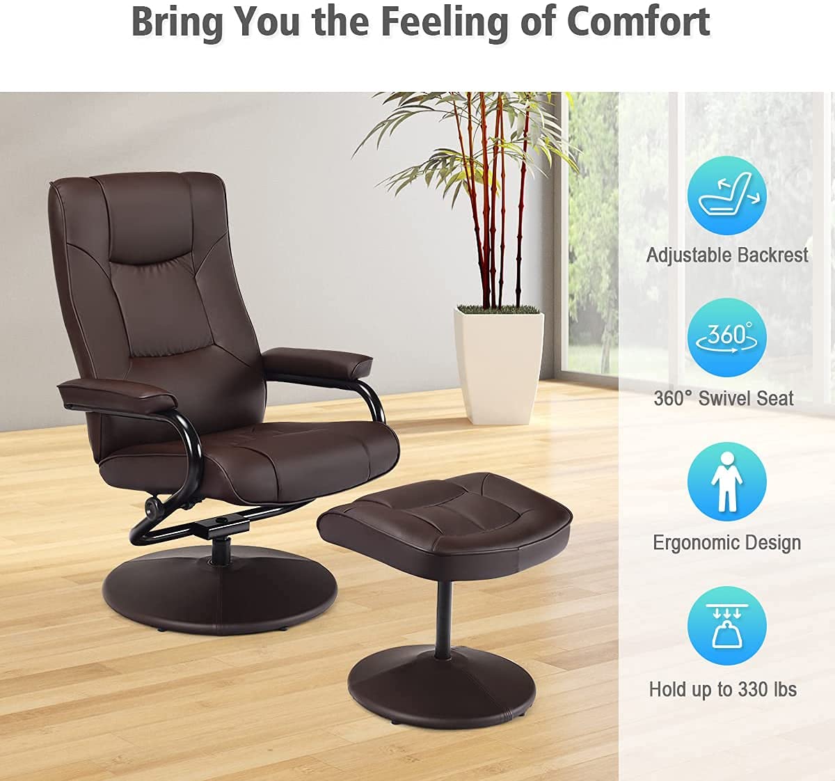 WATERJOY Swivel Recliner Chair, PU Leather Lounge Armchair Recliner, 360 Degree Swivel Overstuffed Padded Seat Chair with Footrest Stool Ottoman Set for Office Living Room Brown