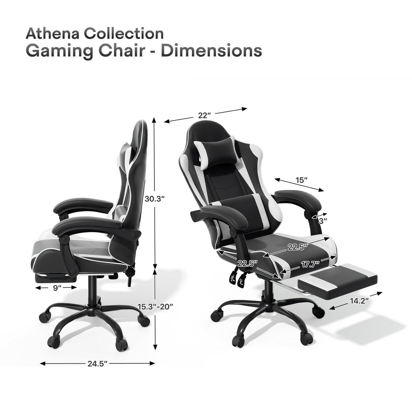 Athena Collection Ergonomic Gaming Chair with Footrest & Headrest Lumbar Support, Height Adjustable Swivel Office Chair Reclining Game Chair High Back Computer Chair for Adults, White