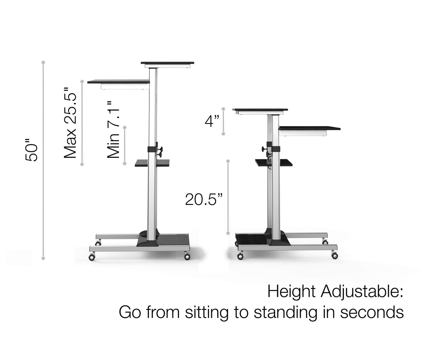 TechOrbits Rolling Desk for Laptop - Standing or Sitting Mobile Computer Cart with Wheels, Adjustable Height & 27.5-inch Surface - Portable Home Office Workstation - Black﻿