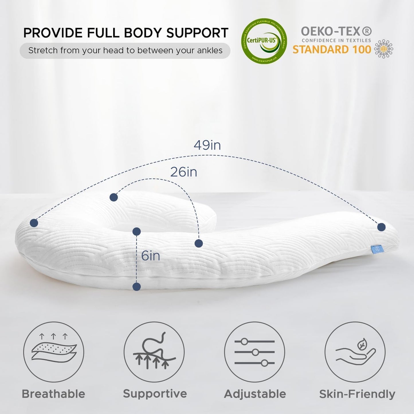 SCHNAUZER HOME Body Pillow for Adults - Soft Long Bed Pillows Insert for Sleeping - Shredded Memory Foam & Removable Washable Cover - Swan Shaped Side Sleeper Pregnancy Pillow 49 Inch (White)