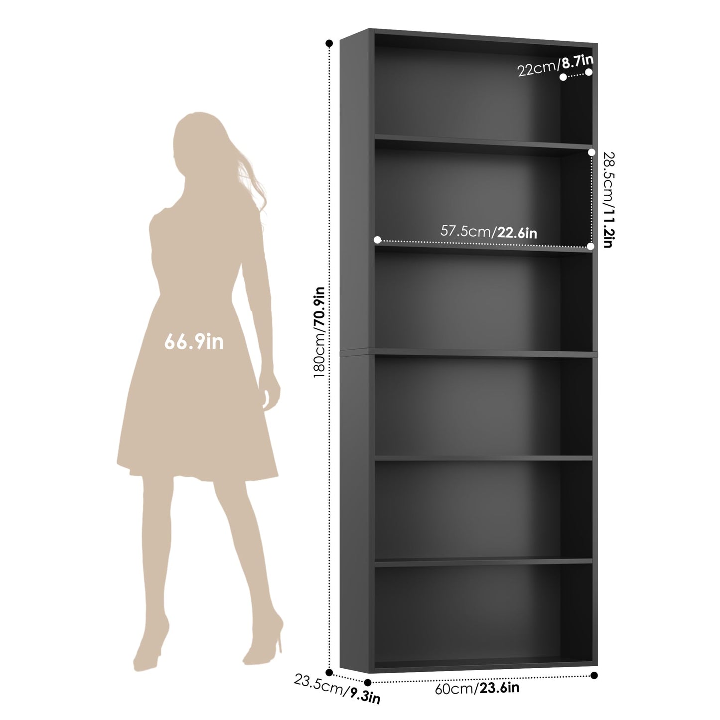 FOTOSOK 6-Tier Open Bookcase and Bookshelf, Freestanding Display Storage Shelves Tall Bookcase for Bedroom, Living Room and Office, Black