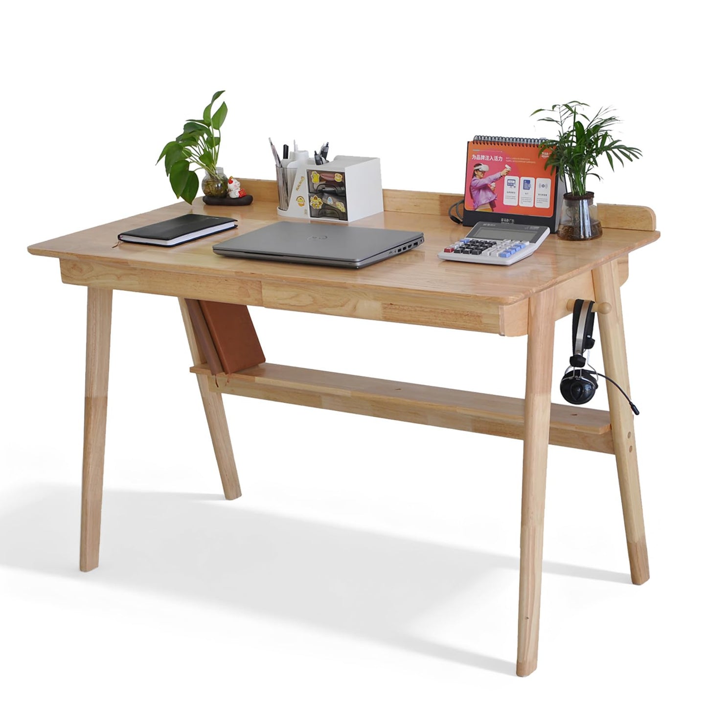 Homxzioa Mid-Century Modern 100% Solid Wood Writing Desk, 47" Rubberwood Home Office Computer Table & Workstation Desk with 2 Drawers, Lower Shelf & Side Hooks, 350 lbs Load, Laptop Desk