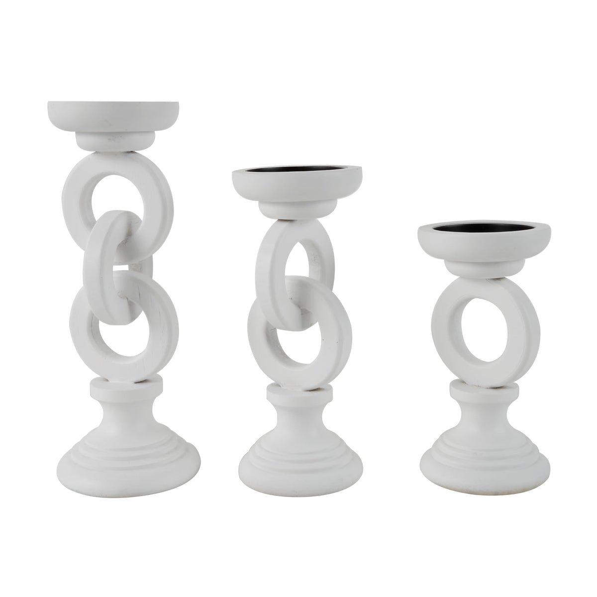 Deco 79 Wooden Decorative Candle Holder Chain Link Candle Stand, Set of 3 Candlestick Holder 13", 11", 9" H, White