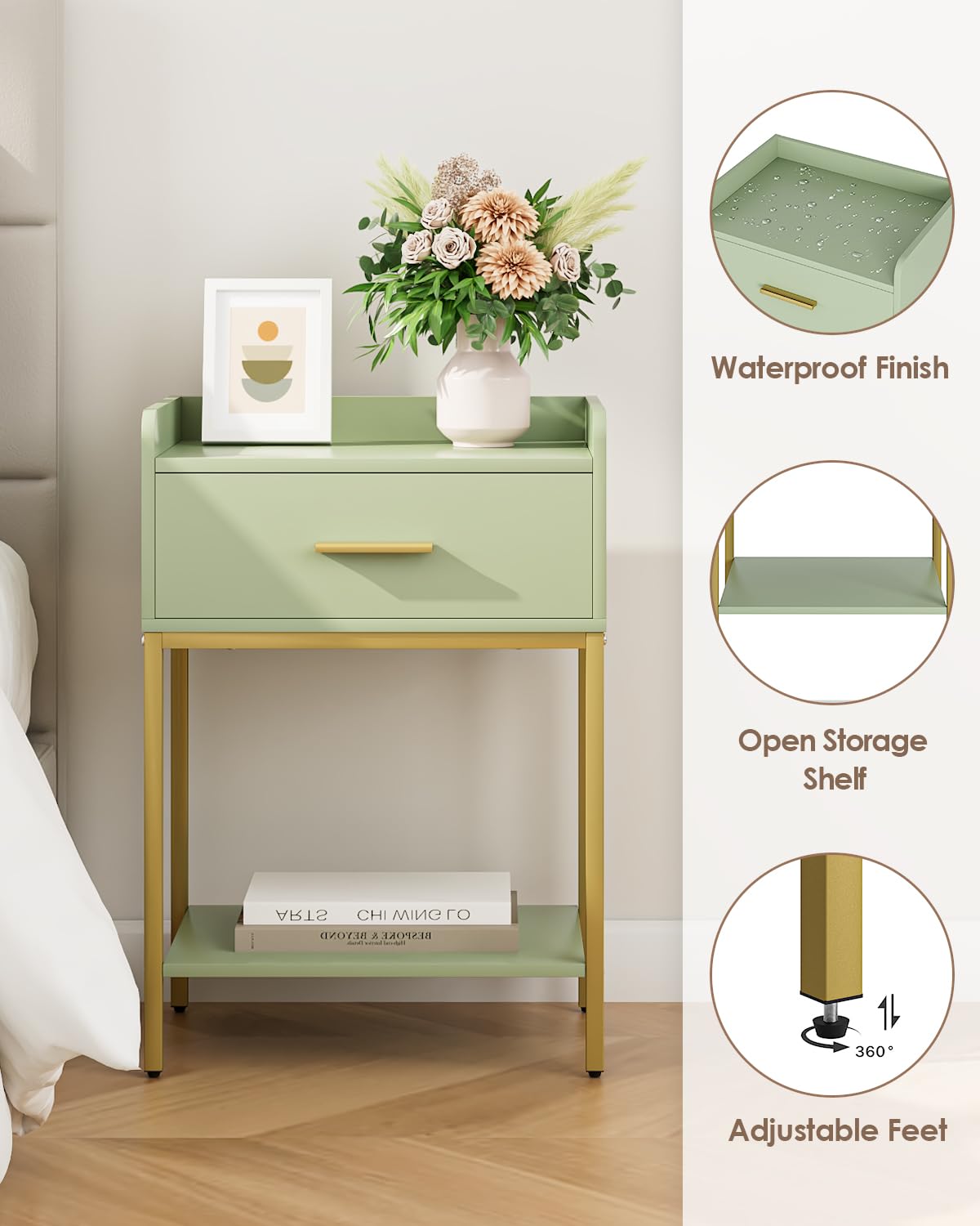 Apetaccat Nightstand,Modern Bedside Table Night Stand with Storage Drawer and Open Shelf,Small End Side Table for Bedroom,Living Room,Green