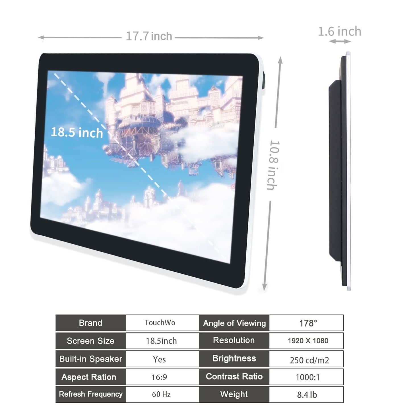TouchWo 18.5 inch Android 11 Touchscreen Monitor Tablet, 16:9 FHD 1080P, WiFi & BT, Built-in Speakers, RK3568 2GB RAM & 32GB ROM, Smart Board for Classroom, Meeting & Game