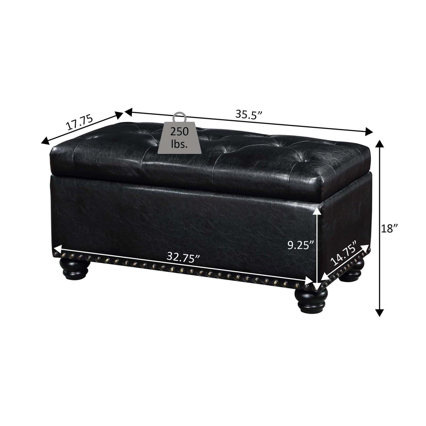 Convenience Concepts Designs4Comfort 7th Avenue Ottoman Bench 35.5" - Modern Upholstered Footstool & Seat with Hinged Lid & Storage, for Living Room, Bedroom, & Entryway, Dark Blue Fabric