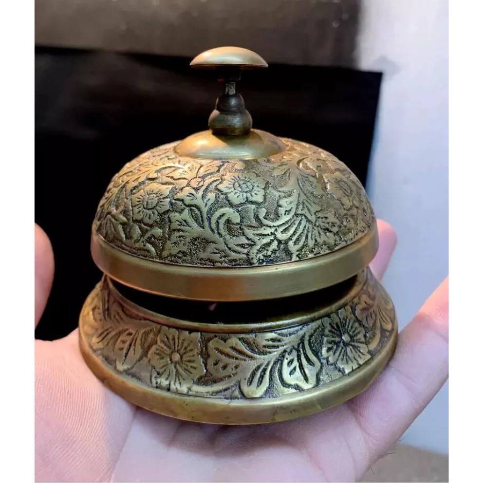Vintage Style Brass Service Bell, Ornate Floral Pattern, Hotel Reception Counter Desk Bell, Antique Bronze Finish