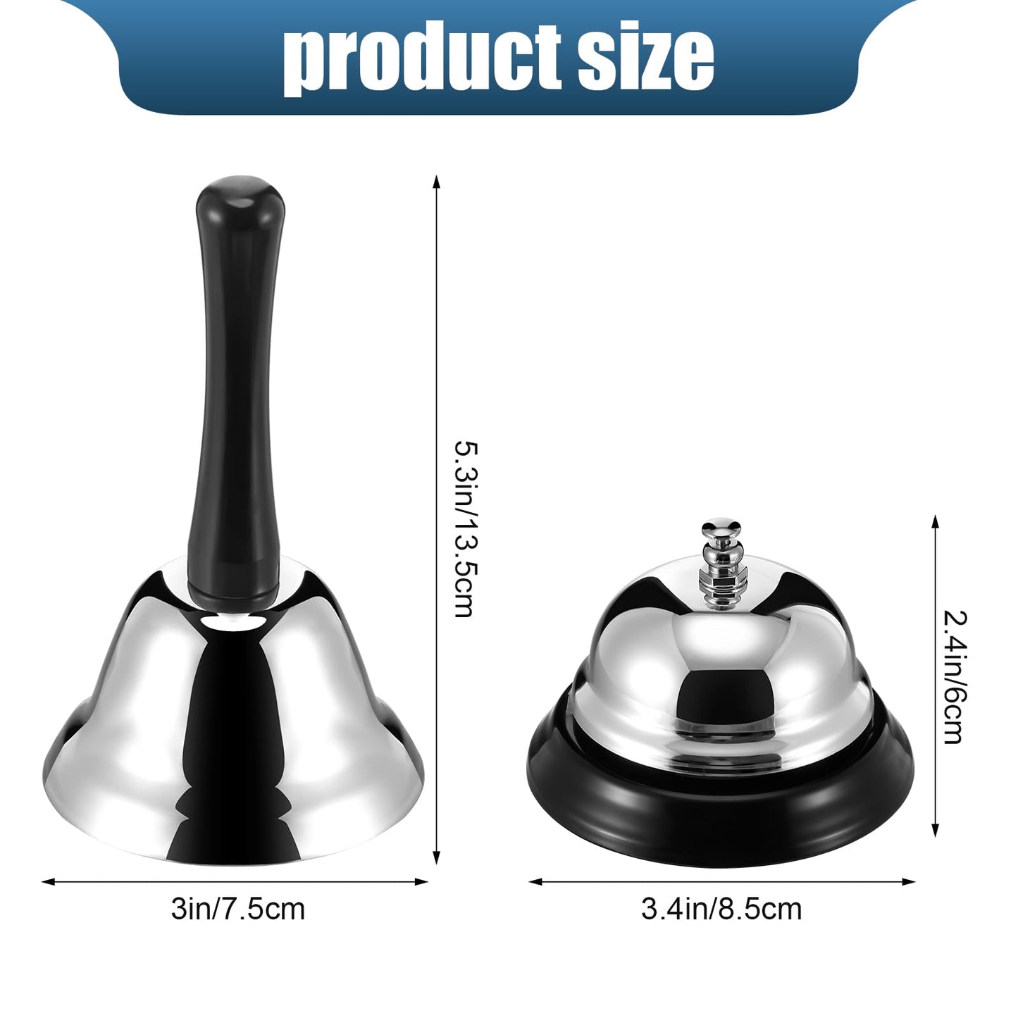 PullCrease 2 Pcs Call Bell and 2 Pcs Loud Hand Bell Classic Service Silver Steel for Hotels Schools Restaurants Desk Counter Reception Areas Home Office