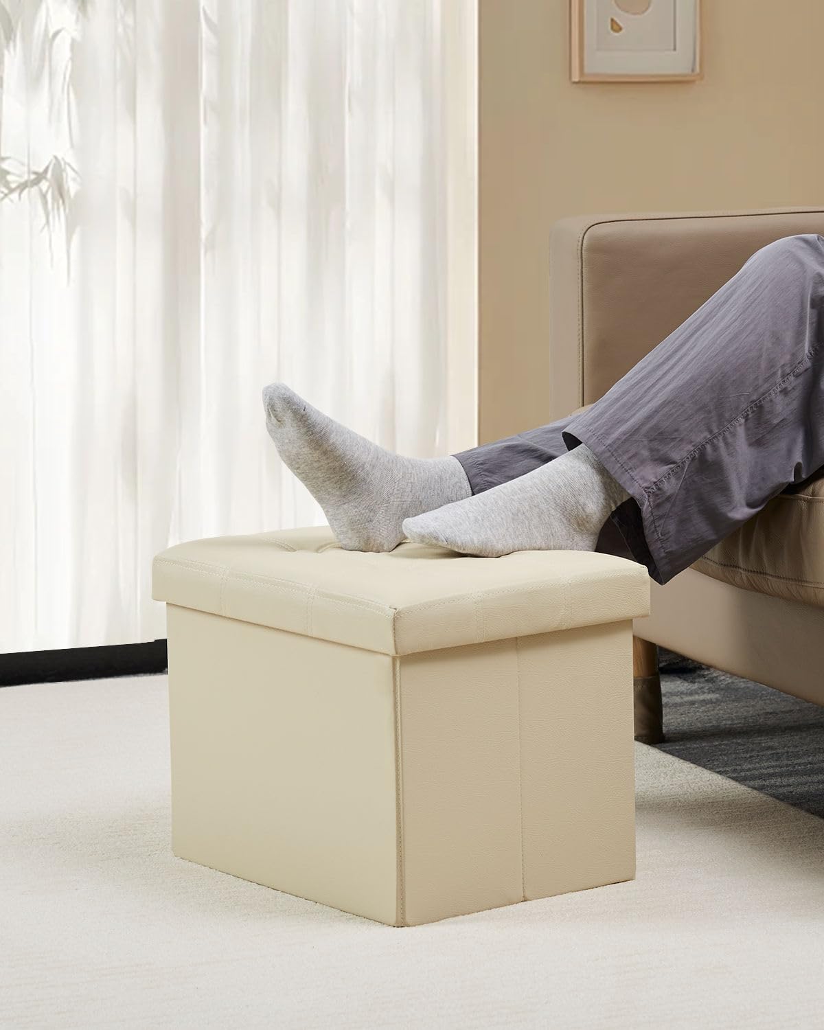 Bsketa Storage Ottoman, Folding Foot Stool with Thicker Foam Padded Seat Small Leather Storage Ottoman Bench Foot Rest for Living Room Foldable Coffee Table 17x13x13in,Beige