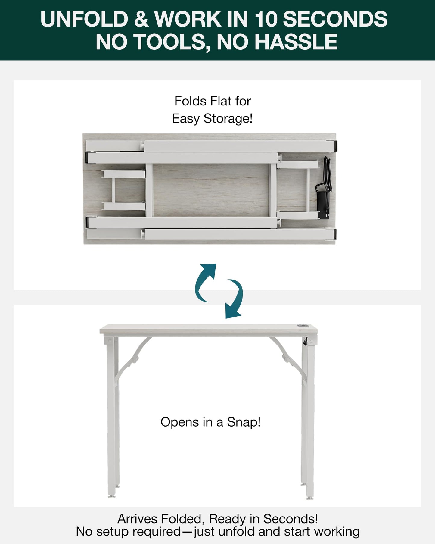 Frylr Small Folding Computer Desk – 35.8 Inch Portable Table for Craft and Study, Lightweight Desk for Small Spaces, Foldable Laptop Table Built-in AC/USB Outlets for Convenience, White Ash