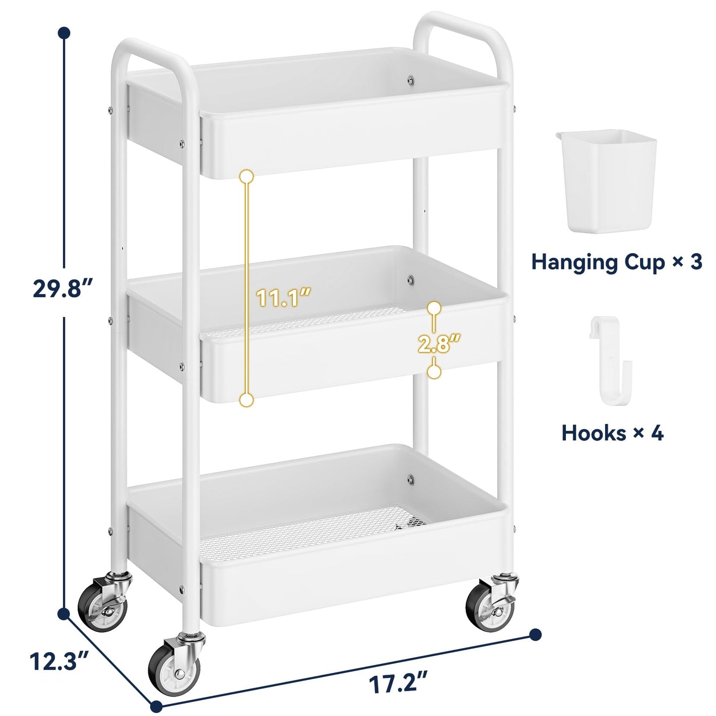 YASONIC Metal 3 Tier Rolling Cart - Heavy Duty Utility Cart with Lockable Wheels, Hanging Cups, Hooks, Mesh Rolling Storage Cart Craft Cart Organizer, Lightweight and Sturdy, White