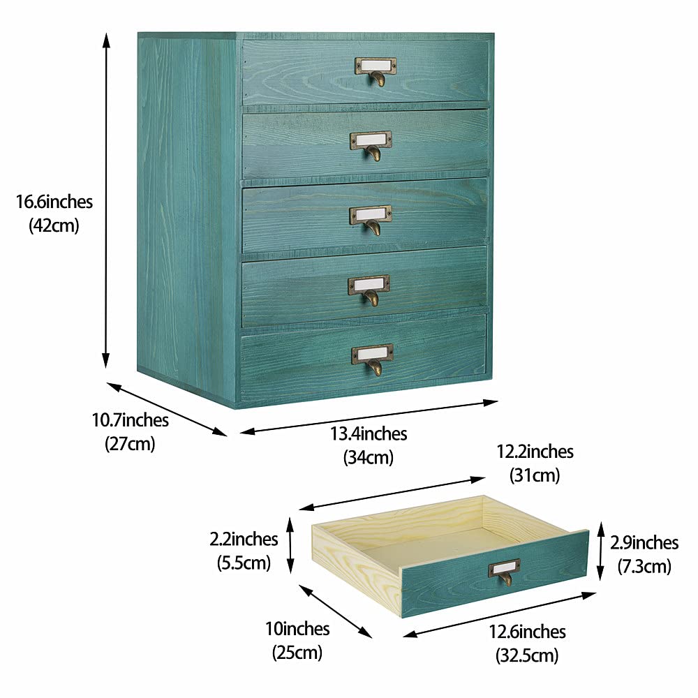 GoooodGIFT Large Wooden Drawers Rustic Desk Organizers and Accessories Wooden Storage Dox with Drawer Paper Storage Drawers Wood File Organizer Library Card Catalog Cabinet Apothecary Cabinet (L-BLUE)